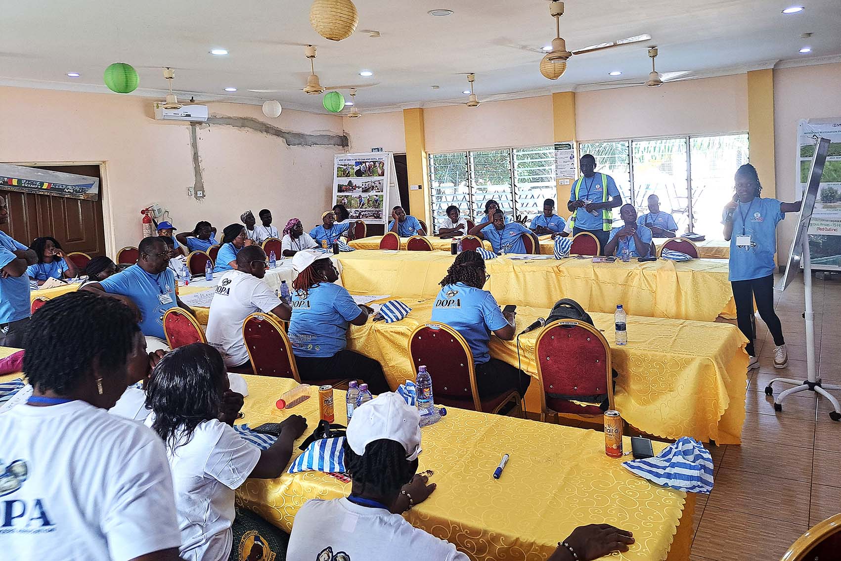 Precious demonstrating learnt lessons at the shellfish peer exchange programme held in Ghana